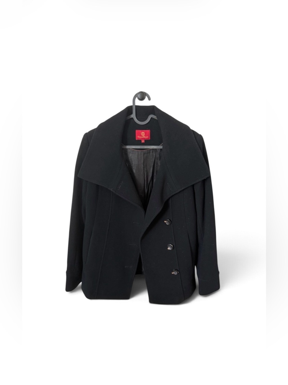 Cole Haan Black Wool Cashmere Asymmetric Funnel Neck Peacoat Coat Sz 2 (XS)